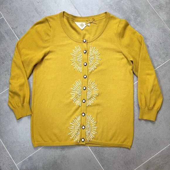 Anthropologie Monogram French Knot Cardigan Gold Mustard Yellow Size M - Picture 1 of 8